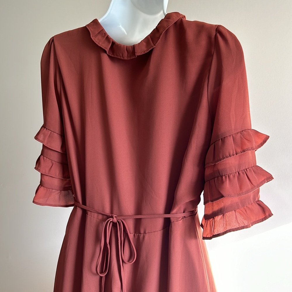 Rust Ruffle Wrap Midi Dress - Women - Picture 6 of 8